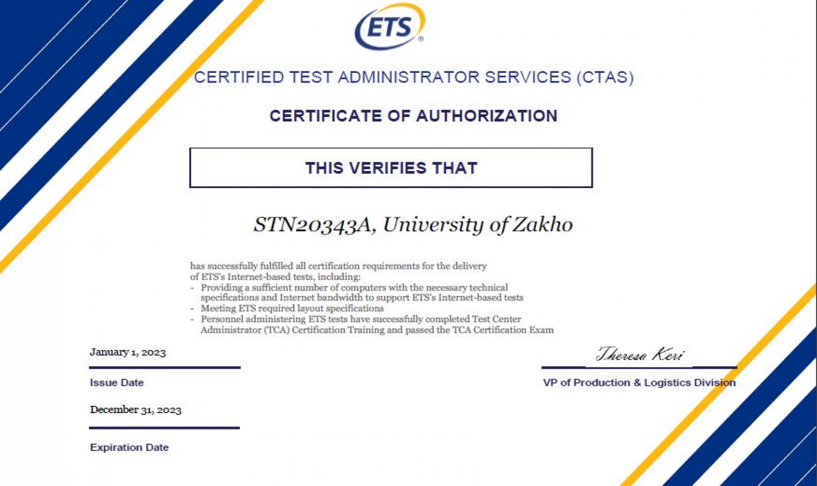 A Certificate of Authorization Was Successfully Granted by ETS